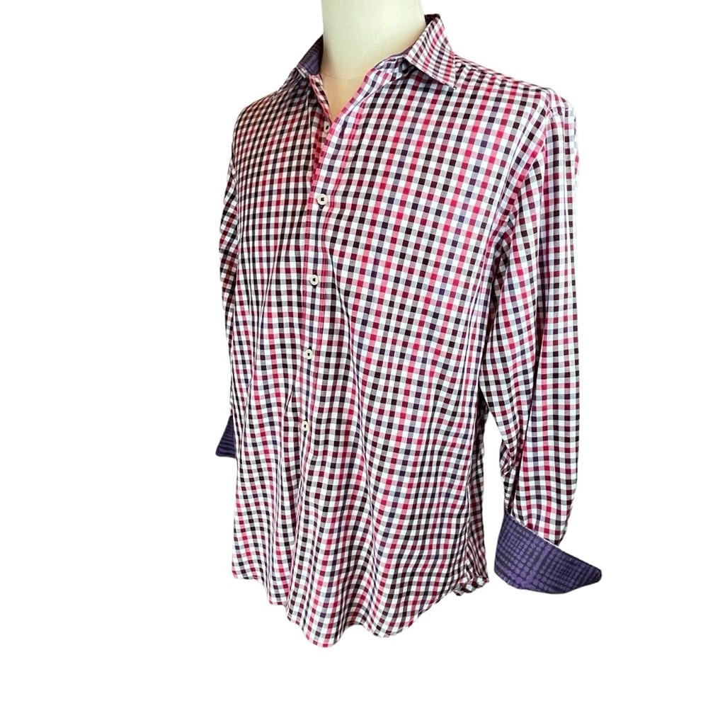 ROBERT GRAHAM Red Checked Gingham Shirt Men's Sz L Fold Back Cuffs Long Sleeve - Picture 2 of 14